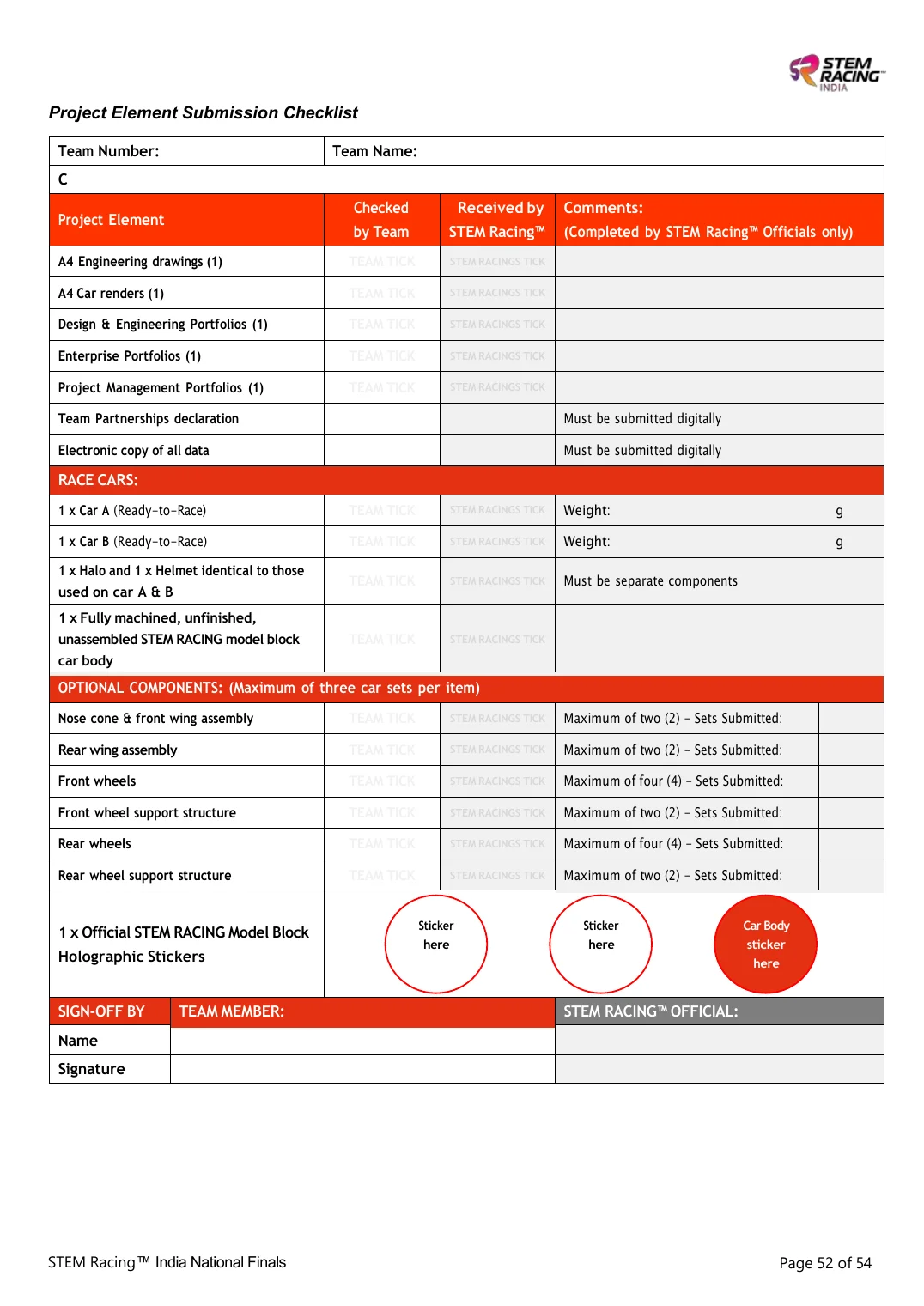 The printed Project Element Submission Checklist form: a table with columns for the project element, a tick box for the team, a tick box for STEM Racing officials and a comments column, covering the paperwork, the two race cars, optional replacement components, the holographic sticker circles and the sign-off boxes.