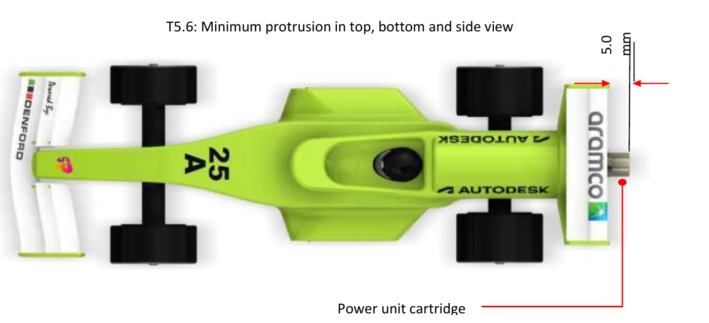 Top view of the car titled T5.6 Minimum protrusion in top, bottom and side view, with a red dimension marking the 5.0mm minimum the power unit cartridge protrudes behind the rear wing.