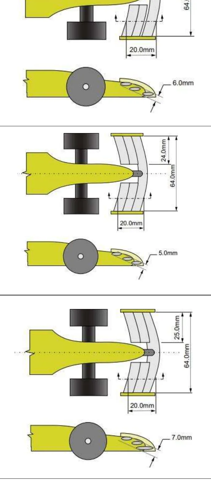 Three stacked plan and side drawings of multiple vane front wings, each 64.0mm across with 25.0mm or 24.0mm span segments either side of the central support and 20.0mm chord; the thickness dimensions are 6.0mm, 5.0mm and 7.0mm from top to bottom.