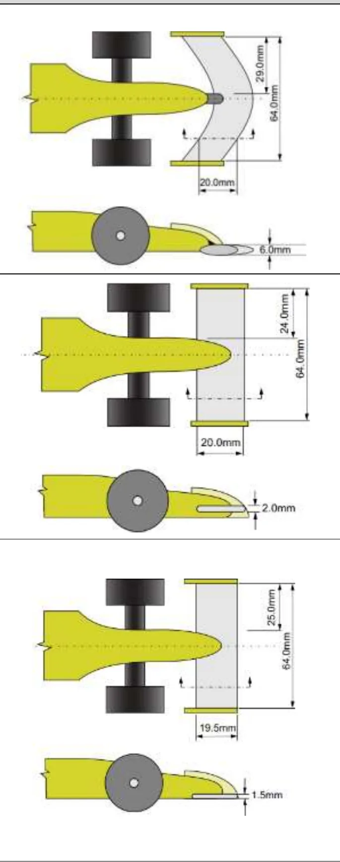 Three stacked plan and side drawings of single vane front wings. Example 1: span split by a central support, 29.0mm segments over 64.0mm, 20.0mm chord, 6.0mm thick. Example 2: split by the nose, 24.0mm segments over 64.0mm, 20.0mm chord, 2.0mm thick. Example 3: 25.0mm segments over 64.0mm, 19.5mm chord, 1.5mm thick.