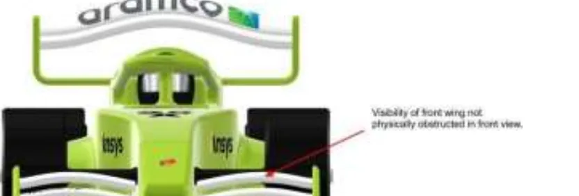 Front view of the car with a red line pointing to the front wing, labelled Visibility of front wing not physically obstructed in front view.