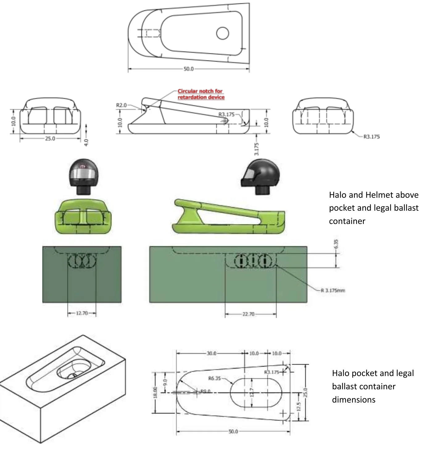 Engineering drawings of the halo and its pocket: halo plan 50.0 long, front view 25.0 wide, side view with 10.0 height, R2.0 notch and R3.175 corners, pocket depth 6.35 and 3.175, positions 12.70 and 22.70, and the pocket plan with 30.0, 10.0, 10.0, 12.7, 25.0, 12.5, 18.00 and R6.35 dimensions.