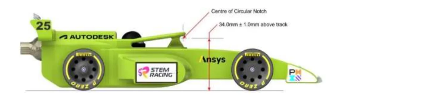 Side view of the car with a vertical dimension line from the track surface up to the centre of the circular notch in the halo, labelled 34.0mm ± 1.0mm above track.