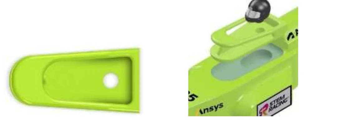 Two views of the halo: a plan view of the green halo with its round hole on the left, and a rendering of the halo seated in its pocket in the car body with the helmet on top, on the right.