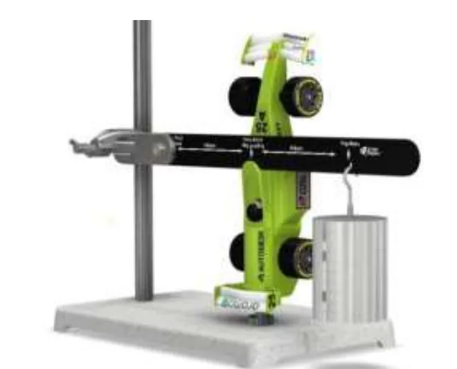 Photograph of the halo safety test rig: the car held on a clamp stand by its power unit cartridge, with a weight hanging from a lever arm that bears on the halo circular notch.