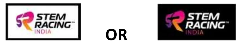 The STEM Racing India logo decal in its two versions, one on a white background with a black keyline border and one on a black background, shown side by side with the word OR between them.