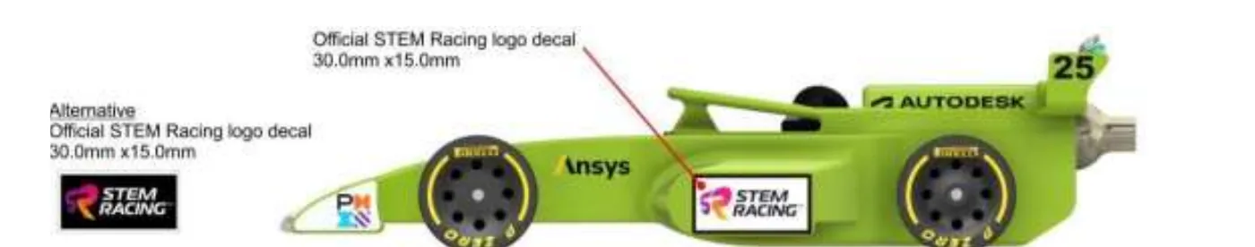 Side view of the car with the official STEM Racing logo decal, 30.0mm by 15.0mm, on the side of the body, and the alternative black logo decal of the same 30.0mm by 15.0mm size shown at the left.