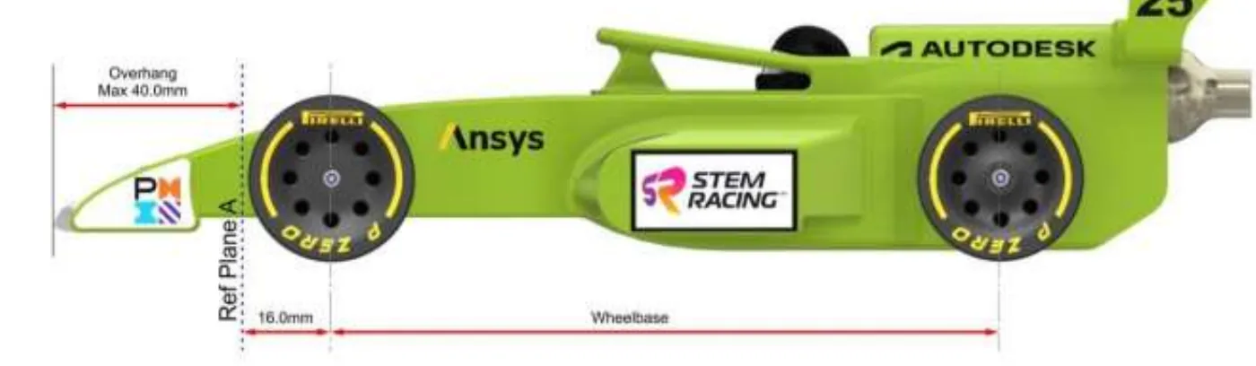 Side view of the car with a dimension marking the nose cone overhang of Max 40.0mm forward of reference plane A, and a 16.0mm dimension between reference plane A and the front wheel centre line.