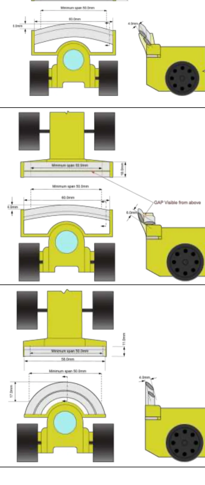 Three stacked drawings of multiple vane rear wings, each with plan, rear and side views and the minimum span of 50.0mm marked. Example 2 shows a visible gap between the vanes seen from above, and example 3 a deep semicircular arch.