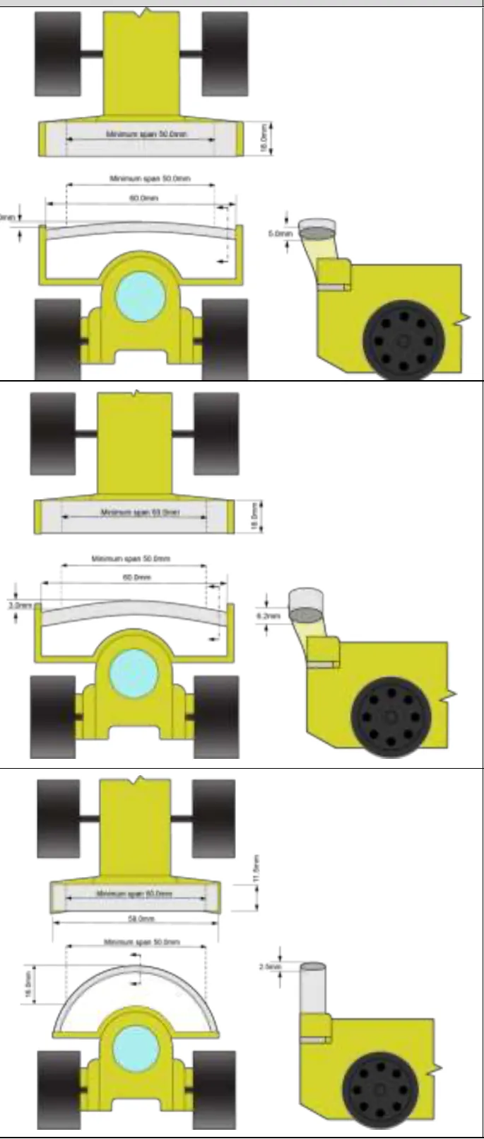 Three stacked drawings of single vane rear wings, each with plan, rear and side views and the minimum span of 50.0mm marked. Example 1 has a shallow curve, example 2 a thicker wing, and example 3 a deep semicircular arch that exceeds the height deviation limit.