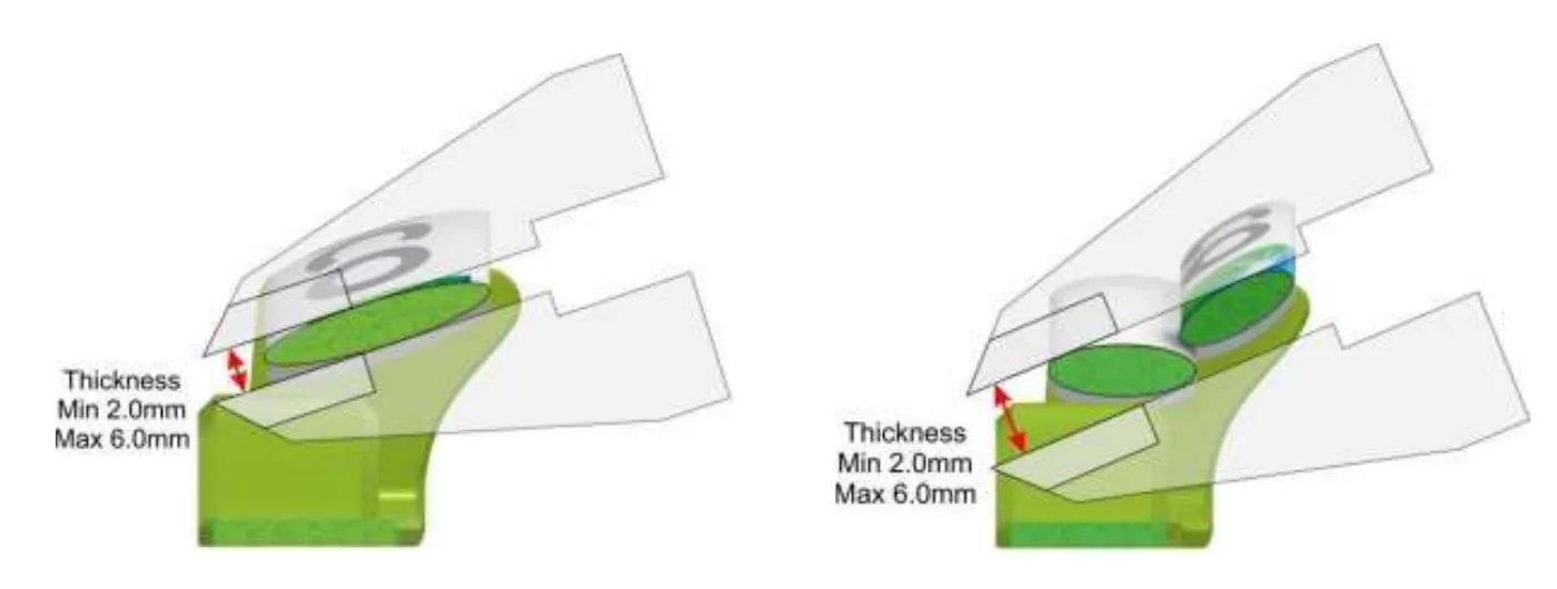 Two renderings of rear wing cross-sections held in callipers, single vane and multi vane, each with a red arrow marking the wing thickness labelled Thickness Min 2.0mm Max 6.0mm.