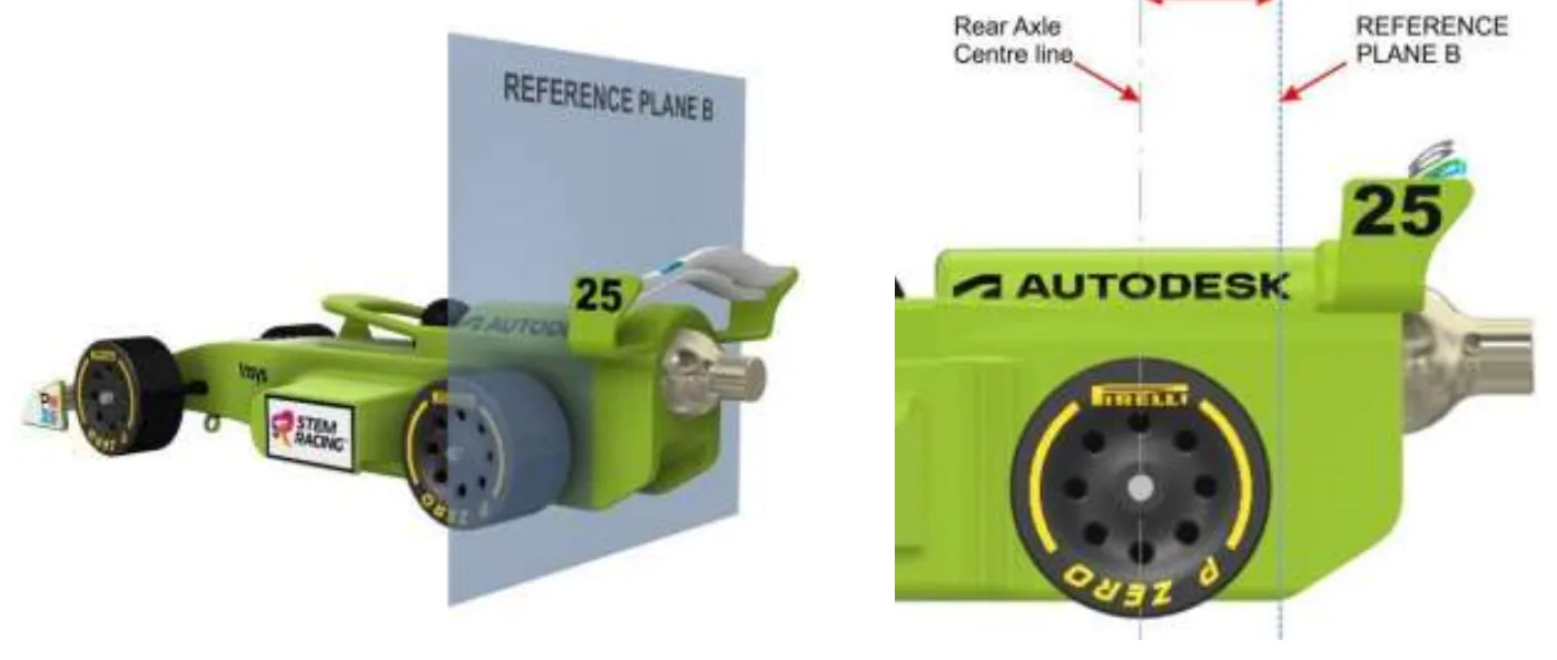 Two views of the rear of the car: a rendering with a blue plane labelled REFERENCE PLANE B behind the rear wheel, and a side view showing reference plane B 16.0mm behind the rear axle centre line.