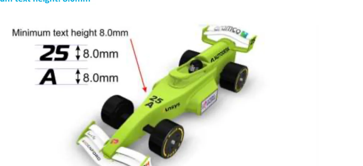 Rendering of the car with the team number 25 and car letter A on the body ahead of the halo, and a call-out showing the number and letter each with a minimum text height of 8.0mm.