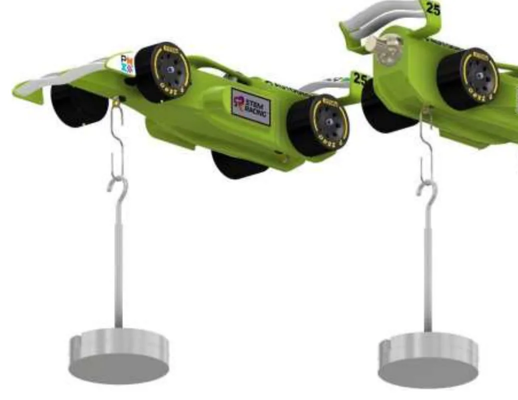 Two renderings of the car hanging by its front and rear tether line guides, each with a hook and a weight pan suspended below, illustrating the 200g tether line guide test.