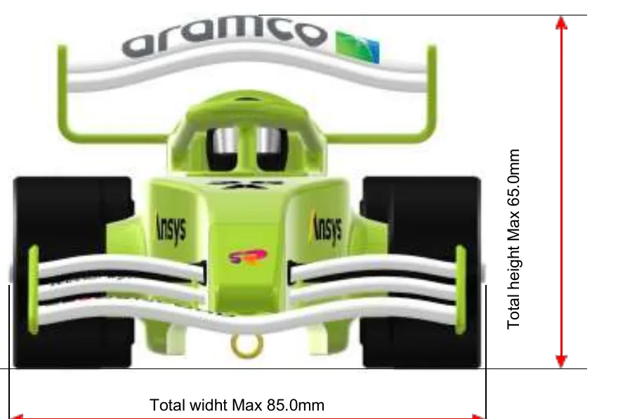 Front view of the car with a vertical arrow labelled Total height Max 65.0mm from the track surface to the top of the rear wing, and a horizontal arrow beneath labelled Total widht Max 85.0mm across the widest part of the car.