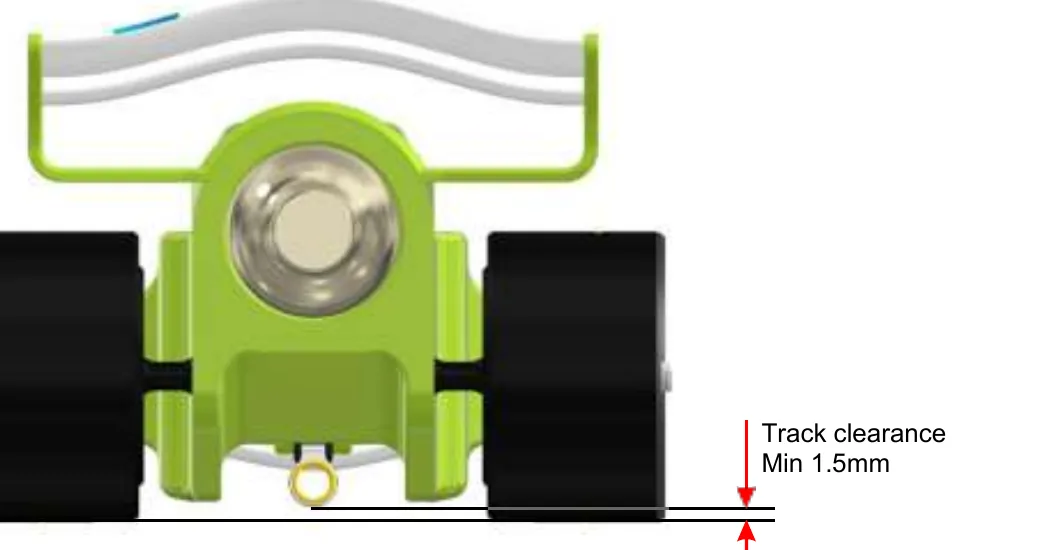Front view of the car on the track with a red arrow marking the track clearance of Min 1.5mm between the track surface and the lowest part of the car, the tether line guide, beneath the body.