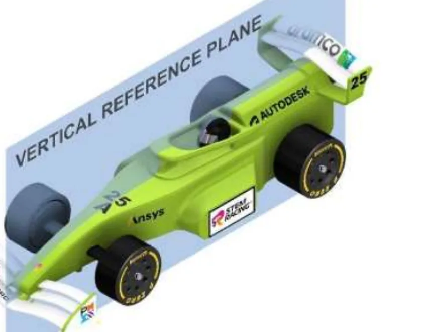 Rendering of the car with a translucent blue vertical reference plane labelled VERTICAL REFERENCE PLANE running along the length of the car through its centre line, normal to the track.