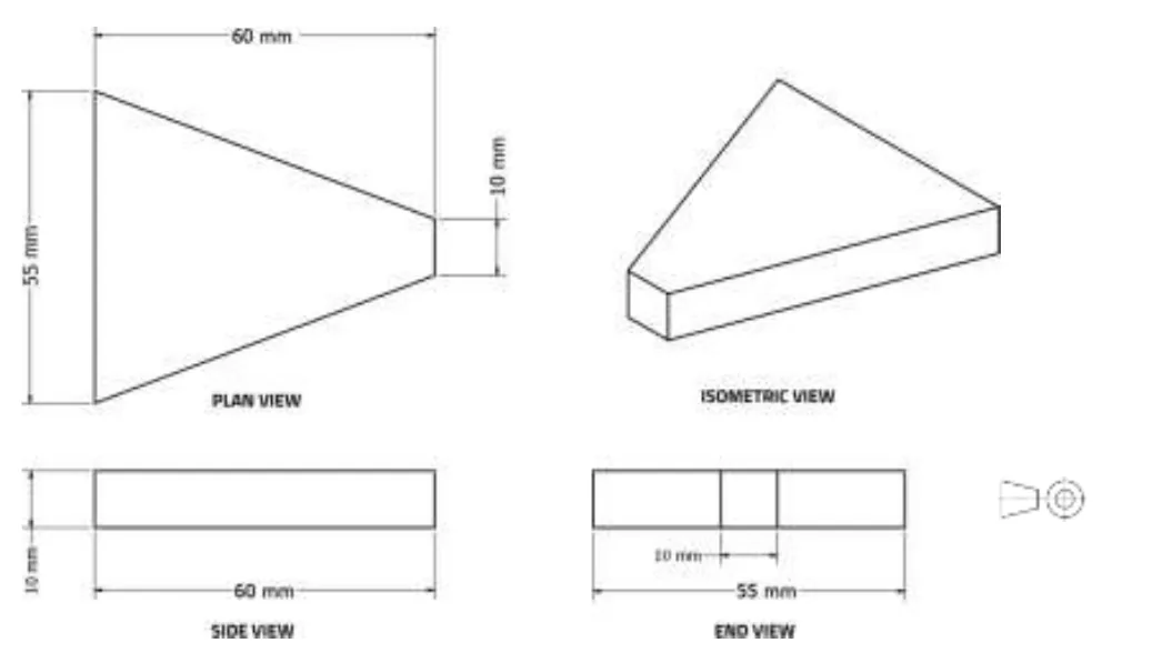 Four-view drawing of the virtual cargo, a wedge that tapers in plan view: 60 mm long, 55 mm wide at the wide end narrowing to 10 mm, and 10 mm high, with plan, isometric, side and end views.