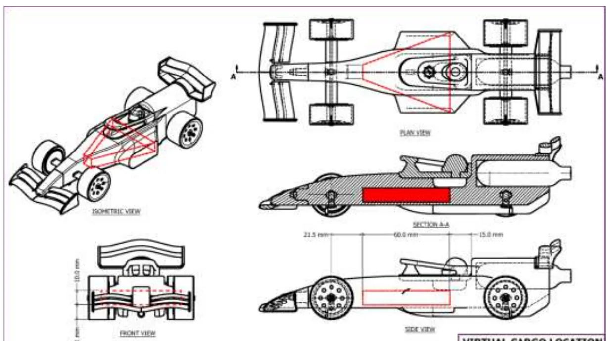 Engineering drawing sheet with isometric, plan, section A-A, front and side views of the car, with the virtual cargo highlighted in red and dimensioned from the axle centre lines; a legend reads Virtual Cargo Location.