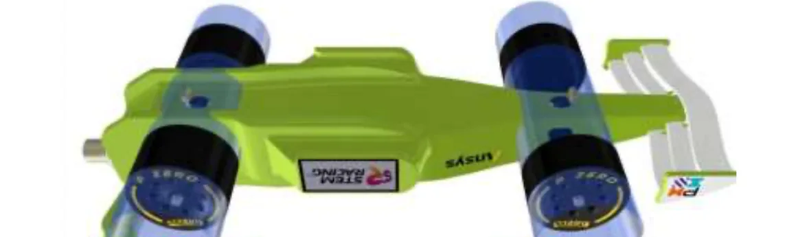 Rendering of the car from below with translucent blue cylinders through each pair of opposing wheels, labelled Cylindrical Volume generated through opposing wheels, the only space wheel support systems may occupy.